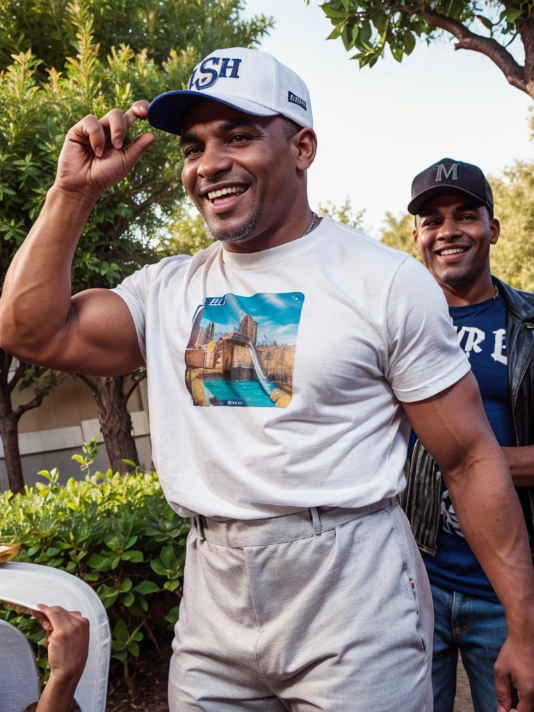man of 40 years old, with cap, pop music singer, singing at an outdoor party with great joy.