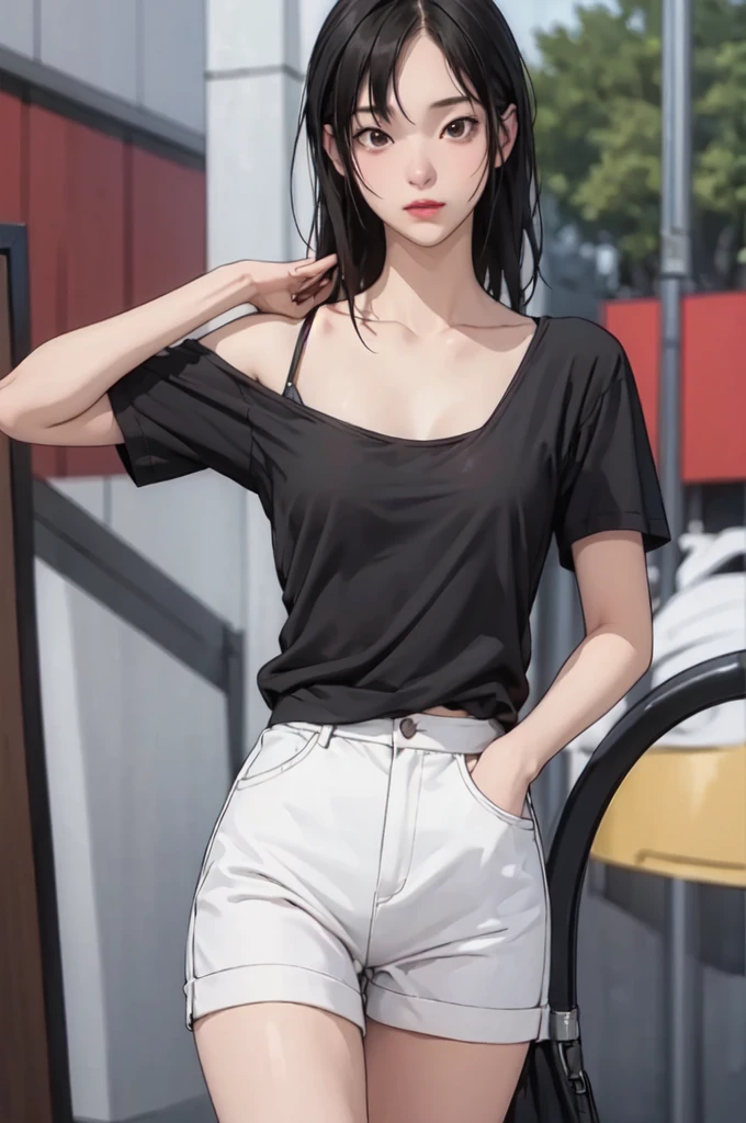 ((masterpiece, best quality)),((highres:1.2)), 1 Girl, solo, Cowboy Shot, Blurred Background, (((Small breasts))), Thighs, (Stripe underwear), ((long T-Shirts)), Off shoulder,