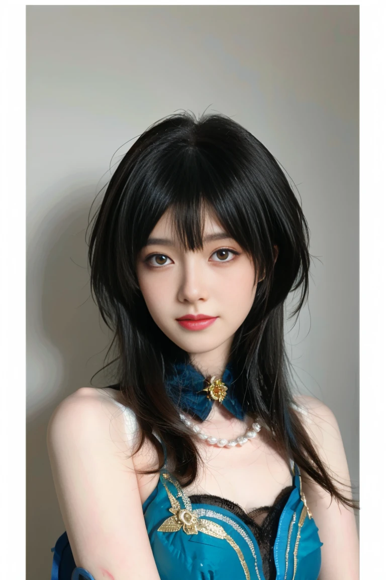 best quality, tmasterpiece,Ultra-high resolution,Clear face,（Reality：1.4），ferpect lighting，(upper body photo), (photorealistic:1.50), anime wallpaper, Guviz style artwork, cover-up fantasy up to magic , by Yang J, Guviz, beautiful artwork illustration, beautiful digital artwork, beautiful digital illustration, Li Song, beautiful anime portrait, art style in Beauvot, 1girl, 独奏, looking at viewer, smiling, closed mouth, bangs, hair between eyes, RUANMEI cosplay costume, chinese dress, chinese clothing, cosplay, RUANMEI, dress, gloves, elbow gloves, hair decoration, jewelry, high heels, indoor, In the room, Hallway, Door, standing,