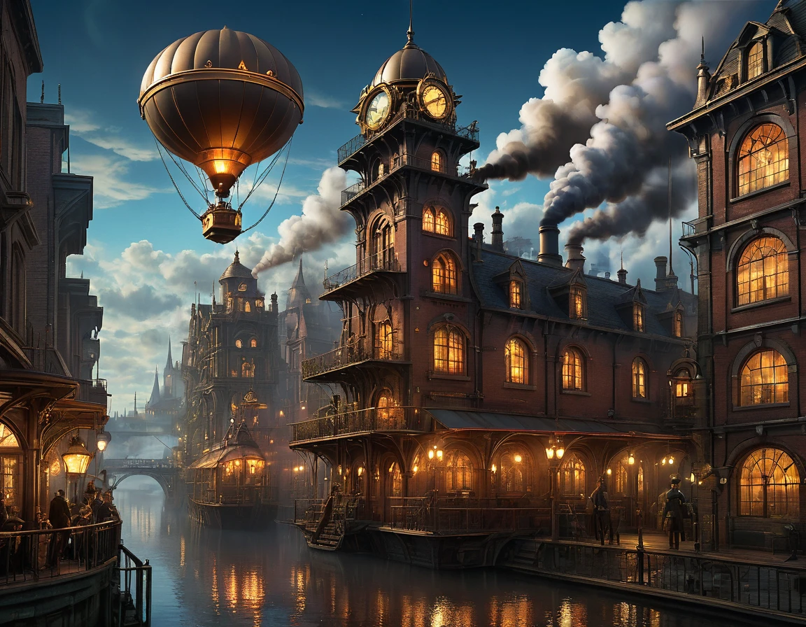 steampunk art pictures, Wide Shot,  intense details, highly detailed, Realistic, Highest quality, High resolution, reflected light, Attention to detail, Highest quality, 16K, [ultra detailed], masterpiece, Highest quality, (extremely detailed), ultra Wide Shot, Realistic, born, Realistic芸術,((Highest quality)), ((masterpiece)), (detailed), A lot of steam rising、、There is no one、No people、gaslight、The town spreads out below and an airship flies in the sky、１Two Clock Towers、night、