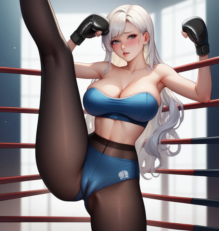 korean beautifull girl,18 years old,Pretty Face,Good shape,detailed picture, Shy expression, blush,White long hair, Wear a strapless sports bra,Wear black pantyhose, Wearing black boxing gloves, Boxing Ring,Boxing Hold,Large Breasts,Cleavage,Long legs,Thin waist,nipple,Camel toe
