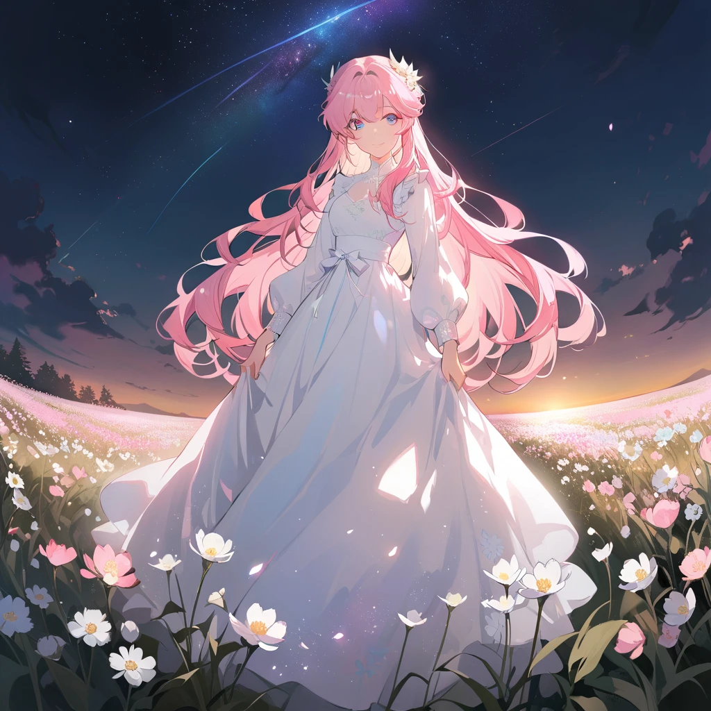 anime character in white dress standing near a field of flowers surrounded by light grey colored flowers, purple and pink, 1girl, solo, long hair, dress, blue eyes, flower, night, smile, long sleeves, outdoors, frills, sky, looking at viewer, very long hair