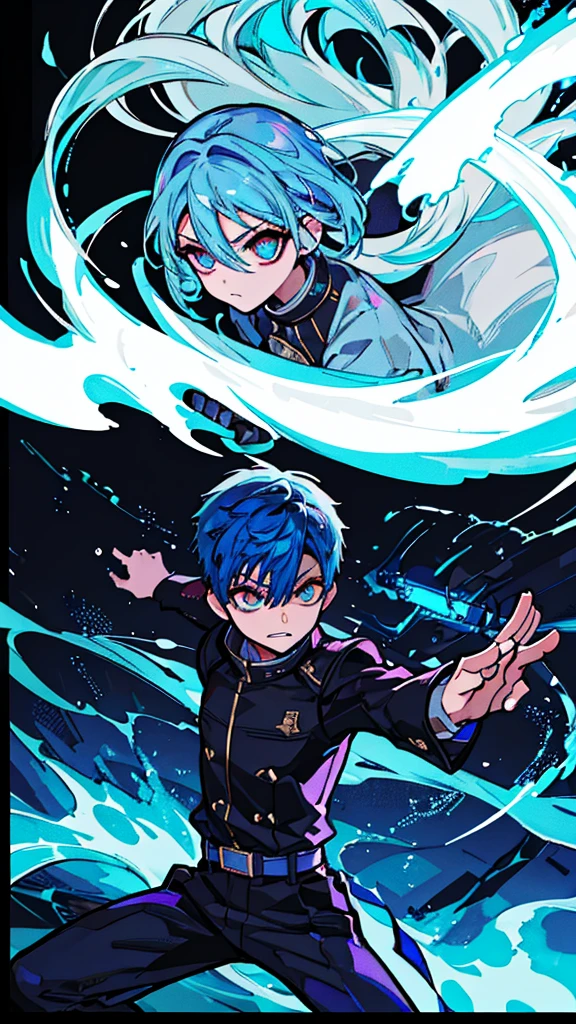 a boy with blue hair, black jacket, blue glowing eyes, fighting demons with fire punch, angry expression, cinematic lighting, dramatic atmosphere, dark fantasy, high contrast, vivid colors, intricate details, dynamic pose, hyperrealistic, 8k, (best quality, 4k, 8k, highres, masterpiece:1.2), ultra-detailed, (realistic, photorealistic, photo-realistic:1.37)