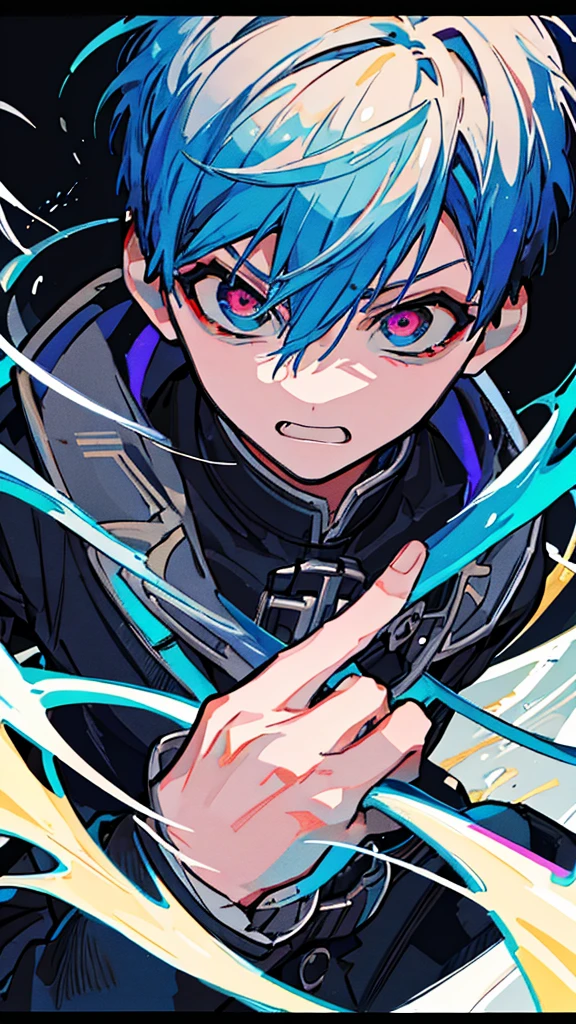 a boy with blue hair, black jacket, blue glowing eyes, fighting demons with fire punch, angry expression, cinematic lighting, dramatic atmosphere, dark fantasy, high contrast, vivid colors, intricate details, dynamic pose, hyperrealistic, 8k, (best quality, 4k, 8k, highres, masterpiece:1.2), ultra-detailed, (realistic, photorealistic, photo-realistic:1.37)