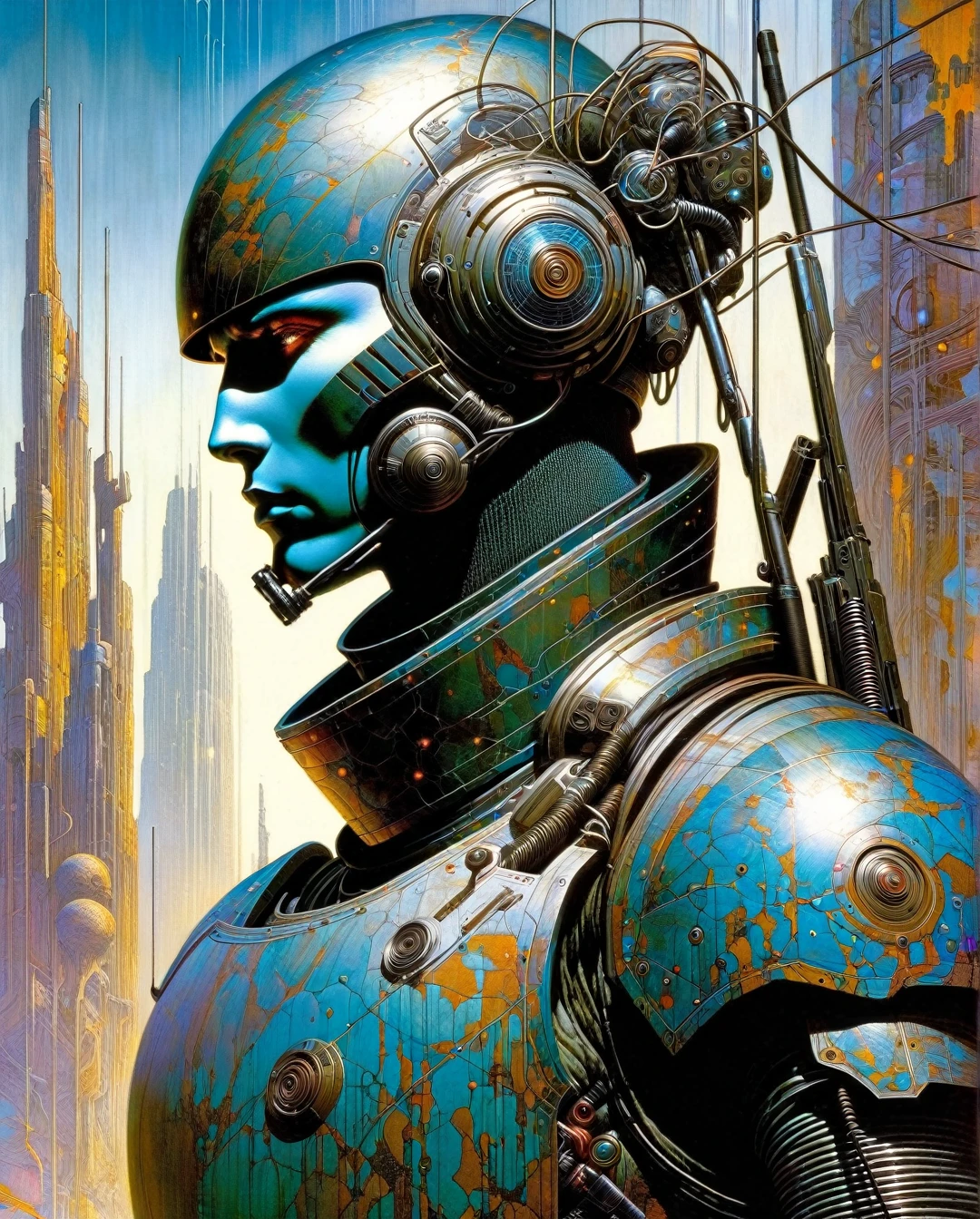 In a dystopian cyberpunk future, a mesmerizing propaganda poster beckons viewers to enlist in the military. Combining the gritty art style of Frank Frazetta with the futuristic flair of Moebius, the image features a cybernetically enhanced soldier, clad in sleek, reflective armor and wielding cutting-edge weapons. The intricate detailing, vivid colors, and dynamic composition elevate this digital painting to a level of unparalleled artistry, capturing the essence of a war-torn, technologically advanced world with stunning precision.., artwork inspired by Brian Froud and Carne Griffiths and Wadim Kashin, intricate details, oil