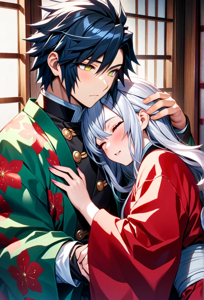 Ultra detailed, high resolution, absurd, HDR, masterpiece, anime girl and boy, beautiful woman (with long white hair with deep red streaks, girl (with yellow eyes), the girl (is wearing a red haori), uniform demon slayer black, Kimetsu No Yaiba, fantasy, handsome, Tomioka Giyu, Hashira, Tomioka is a gentle hug, couple, romantic, inside a Japanese house, best quality, extremely detailed face, love, romance, anime, the girl is lying with her head on Tomioka's sholder, she is tired but happy, he is watching her sleeping, Tomioka is a strong man
