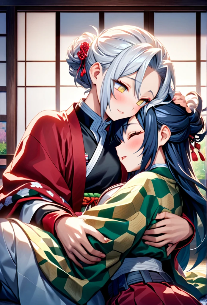 Ultra detailed, high resolution, absurd, HDR, masterpiece, anime girl and boy, beautiful woman (with long white hair with deep red streaks, girl (with yellow eyes), the girl (is wearing a red haori), uniform demon slayer black, Kimetsu No Yaiba, fantasy, handsome, Tomioka Giyu, Hashira, Tomioka is a gentle hug, couple, romantic, inside a Japanese house, best quality, extremely detailed face, love, romance, anime, the girl is lying with her head on Tomioka's sholder, she is tired but happy, he is watching her sleeping, Tomioka is a strong man
