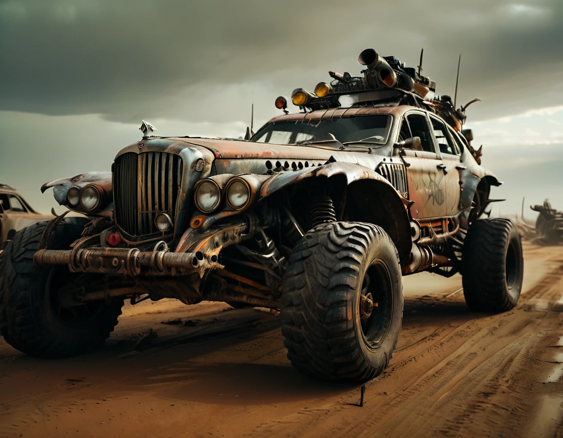 a powerful off-roader, post-apocalyptic, mad max style, weathered and dystopian, desert landscape, dramatic lighting, vibrant colors, gritty and rugged, heavily modified vehicle, massive wheels, spikes and armor plating, menacing presence, cinematic composition, ultra-detailed, 8k, photorealistic, dramatic angles, chiaroscuro lighting, volumetric fog, dust and grime effects, worn and battle-damaged, ominous atmosphere, cinematic depth of field, dramatic color grading, intense shadows and highlights, car old Bentley, with visible motor