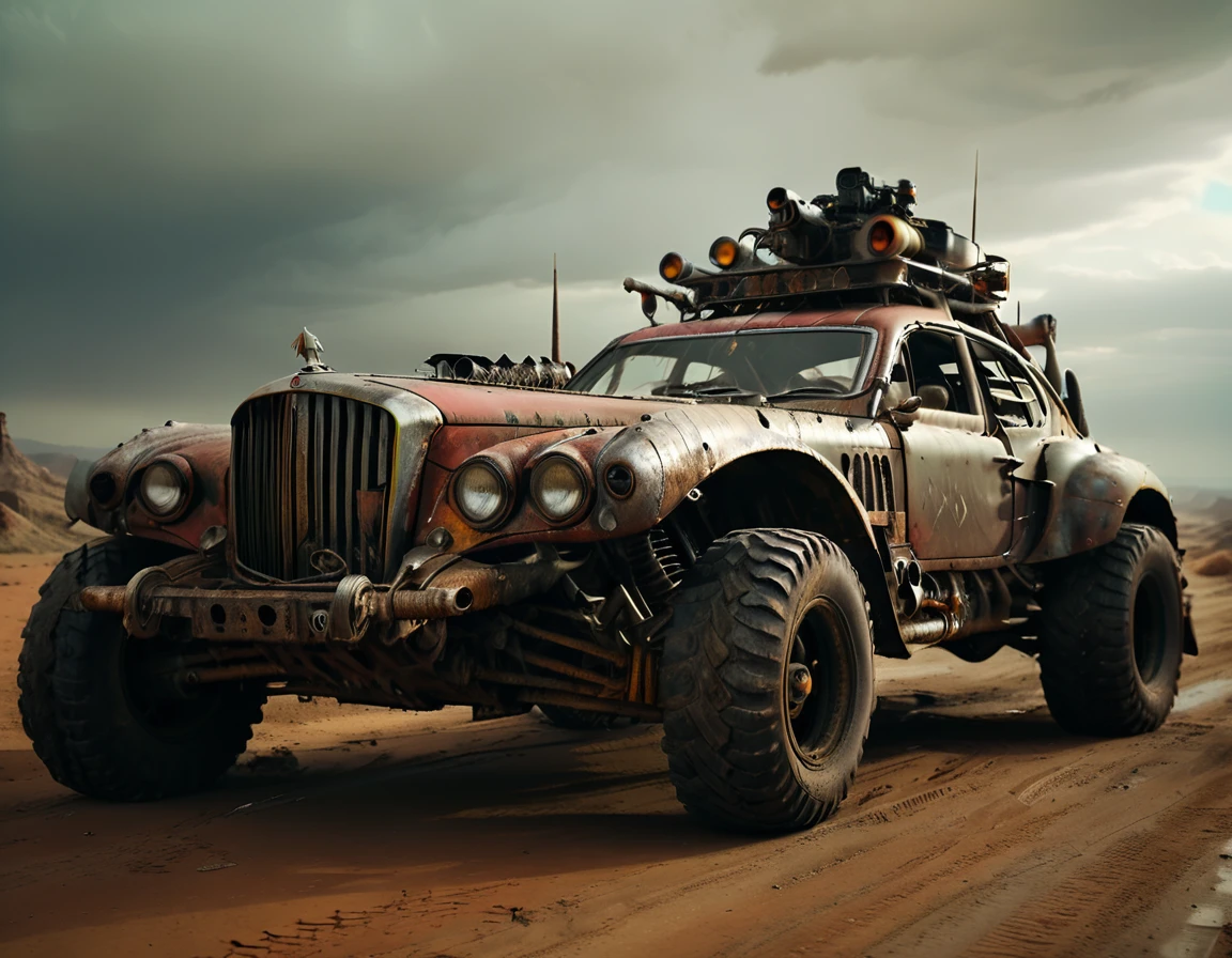 a powerful off-roader, post-apocalyptic, mad max style, weathered and dystopian, desert landscape, dramatic lighting, vibrant colors, gritty and rugged, heavily modified vehicle, massive wheels, spikes and armor plating, menacing presence, cinematic composition, ultra-detailed, 8k, photorealistic, dramatic angles, chiaroscuro lighting, volumetric fog, dust and grime effects, worn and battle-damaged, ominous atmosphere, cinematic depth of field, dramatic color grading, intense shadows and highlights, car old Bentley, with visible motor