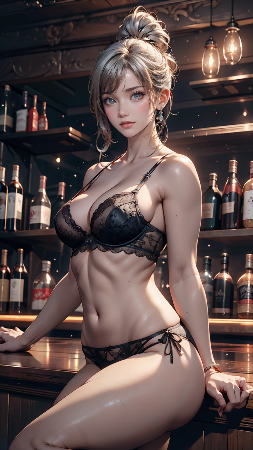 Portrait of Abigail: Attractive woman with updo, sitting at the bar in a nightclub. This masterpiece is of the highest quality, Super detailed, Best for 8k HDR wallpapers. Featuring cinematic lighting with sharp focus and exquisite detail.Sexy proportions、Sexy lingerie peeks out、Narrow waist、Silver Hair、Beautiful nape、Perfect figure