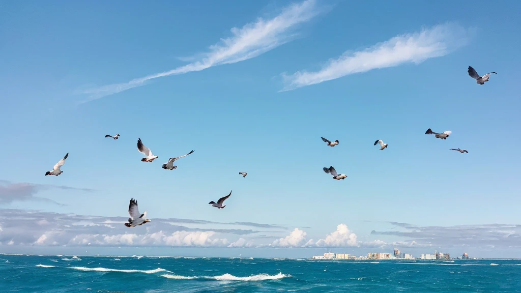 A group of white racing pigeons fly gracefully over the blue sea,Wings shine in the sun。Pigeons soar in the sea breeze,Show and strength。The background is the vast ocean,skyline blurry。The picture is full of movement and poetry,Captured the moving scene of pigeons soaring in nature。