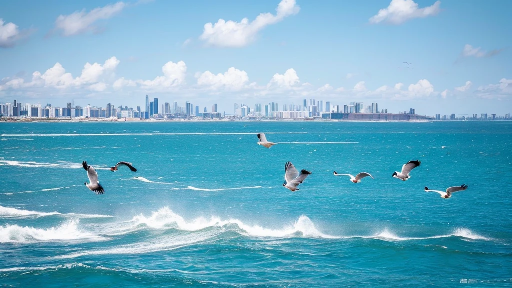 A group of white racing pigeons fly gracefully over the blue sea,Wings shine in the sun。Pigeons soar in the sea breeze,Show  and strength。The background is the vast ocean,skyline blurry。The picture is full of movement and poetry,Captured the moving scene of pigeons soaring in nature。