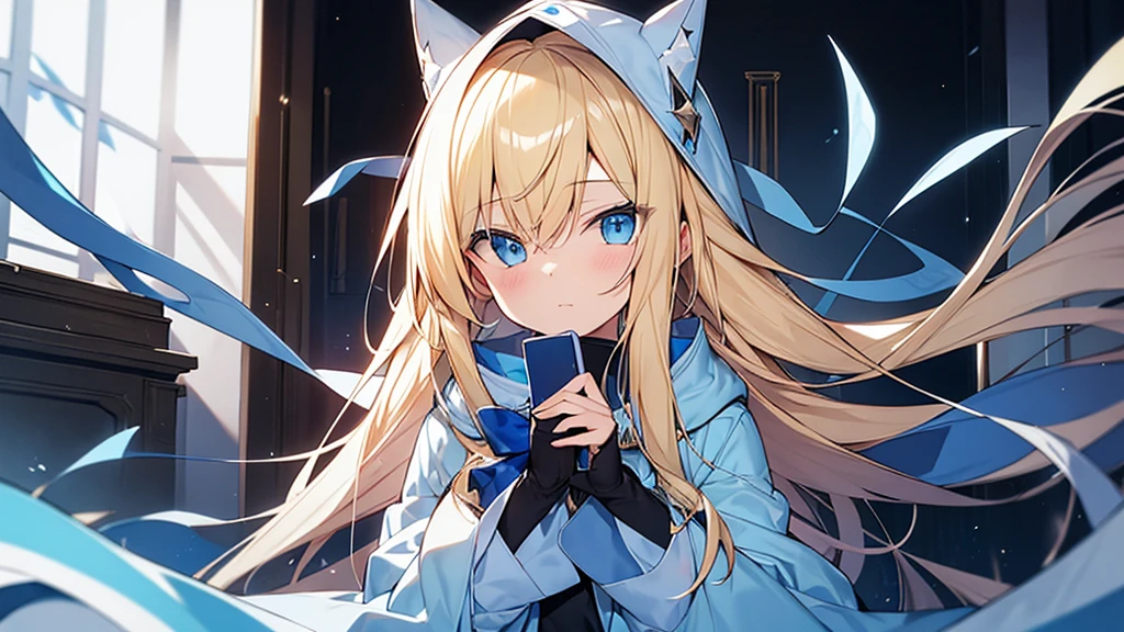 high resolution。Blonde beauty。Blue habit。Wearing a hood。Blue Eyes。Have a Bible。