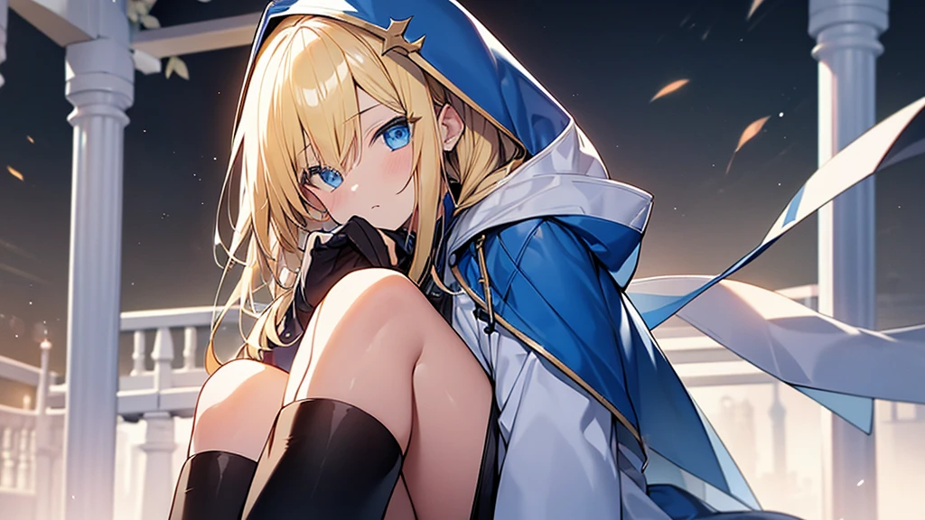 high resolution。Blonde beauty。Blue habit。Wearing a hood。Blue Eyes。Have a Bible。