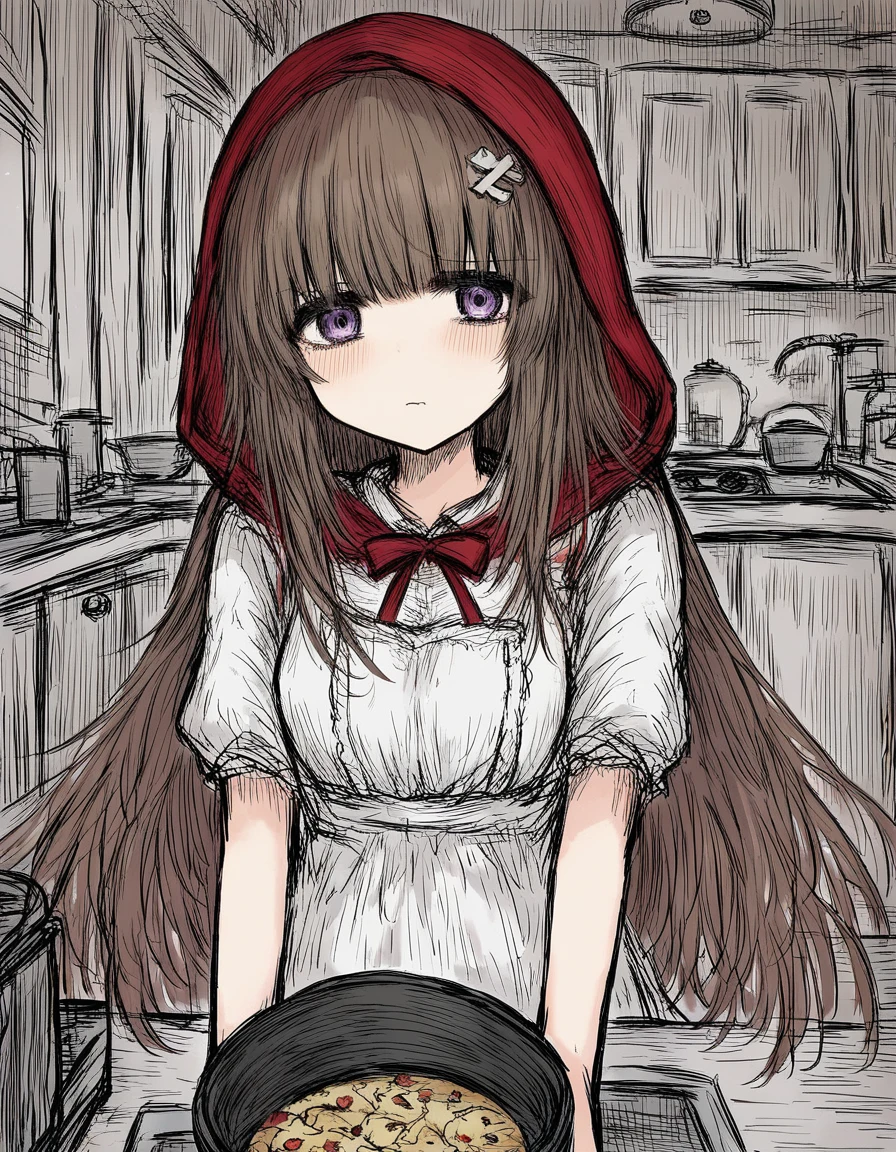 black souls style, red hood,  cinematic lights,1girl, brown hair, long hair, violet eyes, love, heart, sad, hime cut, cute, ager, medium breasts, kitchen, dining room, pout,