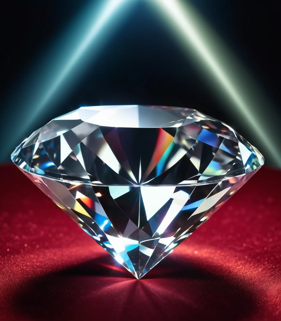 a large diamond jewel on red velvet table with a black misty background, radiant light beams, chromatic aberration, broken prism, refraction, light caustics, detailed illustration, bioluminescent, colorfull, glow,