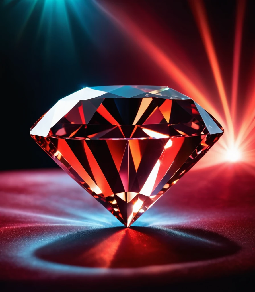 a large diamond jewel on red velvet table with a black misty background, radiant light beams, chromatic aberration, broken prism, refraction, light caustics, detailed illustration, bioluminescent, colorfull, glow,