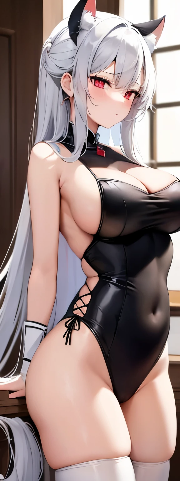 Highest quality　High resolution　One young and beautiful woman　Red eyes　Beautiful white hair　Medium Perm　Cute Gentle Girl　Cat ear　Alluring nude black and white cow print lingerie　Dragon Girl Cosplay　Fascinating maid outfit　Breast milk育児サービス　驚異的な魅力とBig Titsを持つ童貞キラー　Sexless　Breast milk　Breathtakingly beautiful　Incest　Rutted face　Chubby　Big Breasts　Huge breasts　Big Tits