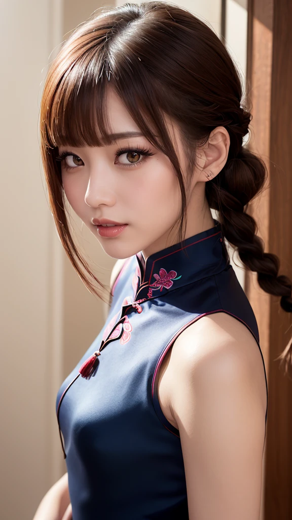 Realistic, masterpiece, Highest quality, Highest Resolution, Anatomically correct, Accurate Anatomy, One Japanese woman, Smile, Fine and beautiful eyes, iris, Sparkling eyes, Thin eyebrows, Gives lashes a delicate finish, False eyelashes, Chinese traditional makeup, (Braided hair, Blunt bangs, Brown Hair:1.2), Detailed face, Sharp Eyes, Chin up, Open your mouth, Cheeks pink, (Classic navy blue cheongsam, No sleeve, Lavish decoration:1.3), Upper body photo, Leaning forward, Blank background in warm colors