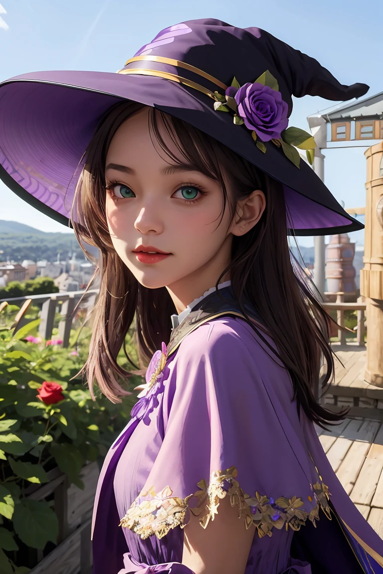 a beautiful girl, perfect face, arms at sides, masterpiece, ultra high res, high quality, 4k, upper body:1.5,  lisa (genshin impact), urple witch hat, green eyes, brown hair, (PureErosFace_V1:0.008), (european:1.6), bangs, dress, rose, jewelry, witch, capelet, purple headwear, black gloves, purple flower, hair between eyes, purple rose, parted lips, purple capelet, hat flower, multicolored dress, hair ornament,  windmill, from side,