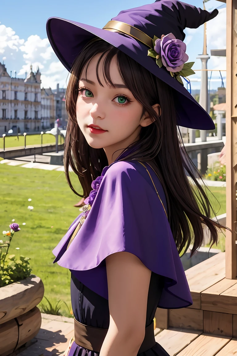 a beautiful girl, perfect face, arms at sides, masterpiece, ultra high res, high quality, 4k, upper body:1.5, lisa (genshin impact), urple witch hat, green eyes, brown hair, (PureErosFace_V1:0.008), (european:1.6), bangs, dress, rose, jewelry, witch, capelet, purple headwear, black gloves, purple flower, hair between eyes, purple rose, parted lips, purple capelet, hat flower, multicolored dress, hair ornament, windmill, from side,