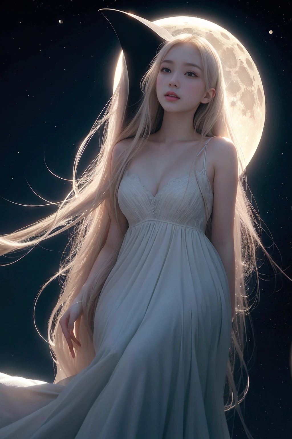 Top quality, high resolution, poster. Captures a young woman with long flowing hair and pale skin sitting beside a glowing crescent moon. The woman, dressed in an ethereal white gown, reaches for the sparkling star. This serene scene is set against a deep black background, highlighting the glow of the moon and stars, creating a mesmerizing, cinematic illusion.