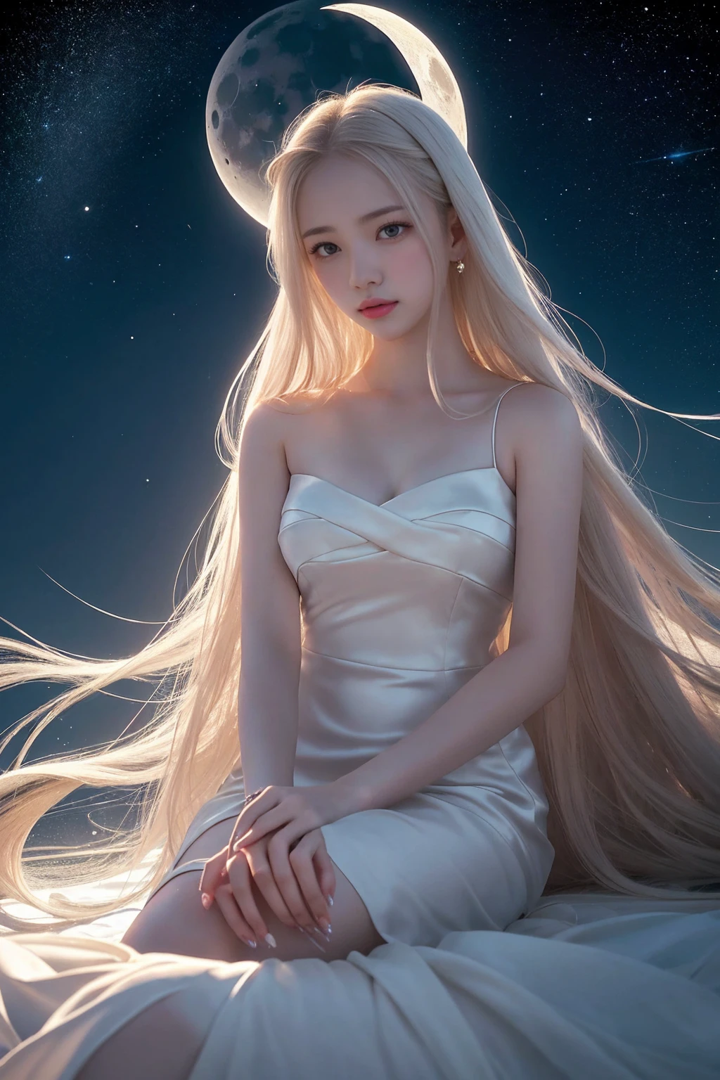 Top quality, high resolution, poster. Captures a young woman with long flowing hair and pale skin sitting beside a glowing crescent moon. The woman, dressed in an ethereal white gown, reaches for the sparkling star. This serene scene is set against a deep black background, highlighting the glow of the moon and stars, creating a mesmerizing, cinematic illusion.