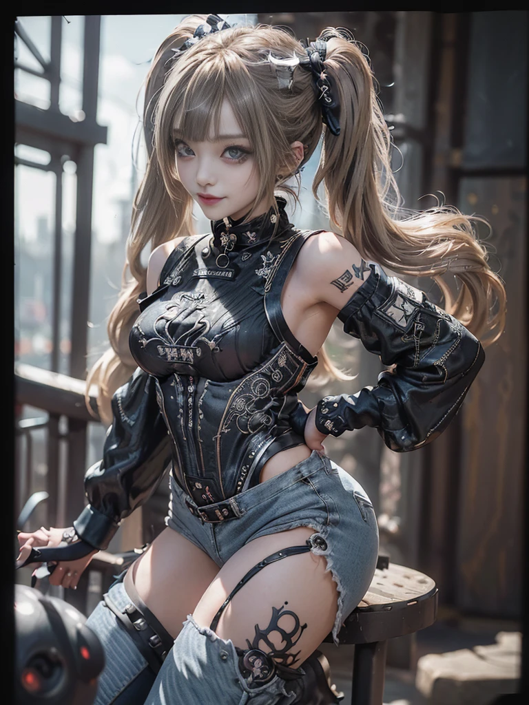 (Full Body View:1.4)、(Side view:1.1)、(Smiling with teeth showing:1.3),(Shibuya Gal:1.5)、(Gothic Lolita style fashion:1.5)、(Punk RockVisual Kei:1.5)、(Wearing a rhythmic gymnastics bodysuit with intricate details:1.4)、(Racing suit and pants with intricate decorations in white, denim and charcoal:1.5)、(Denim and light blue and white boots:1.3)、((belt))、(Numerous delicate logo marks all over the costume:1.4)、(collar:1.3)、(Striped underwear:1.5)、20-year-old、NSFW、((Highest quality、In 8K、masterpiece:1.3))、Sharp focus:1.2、(Layered Cut、Huge boobs:1.1),Beautiful woman with perfect figure:1.4、(Dancing vigorously:1.3)、Slender Abs:1.2、Highly detailed face and skin texture、Detailed eyes、double eyelid,(Twin tails:1.3)、(Brown-golden hair:1.3)、Gravure idol、(The background is a dance carnival:1.3)、(Slim body:1.3),(Make your legs thinner:1.4),(clavicle:1.1)、(Thin and slim thighs:1.3)