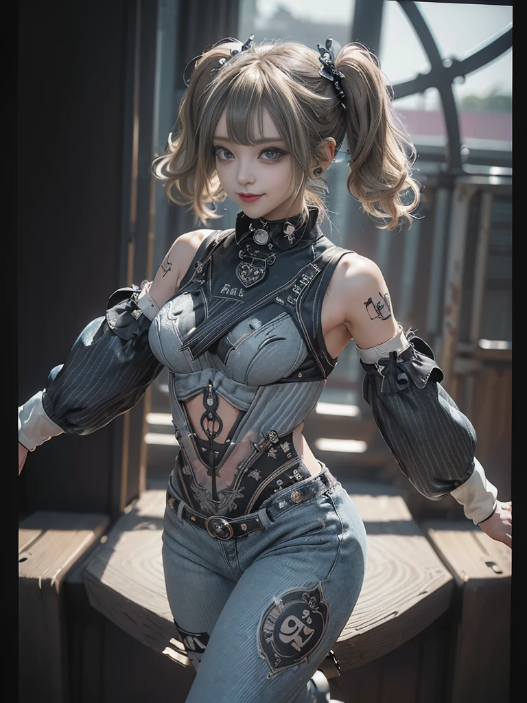 (Full Body View:1.4)、(Side view:1.1)、(Smiling with teeth showing:1.3),(Shibuya Gal:1.5)、(Gothic ta style fashion:1.5)、(Punk RockVisual Kei:1.5)、(Wearing a rhythmic gymnastics bodysuit with intricate details:1.4)、(Racing suit and pants with intricate decorations in white, denim and charcoal:1.5)、(Denim and light blue and white boots:1.3)、((belt))、(Numerous delicate logo marks all over the costume:1.4)、(collar:1.3)、(Striped underwear:1.5)、20-year-old、NSFW、((Highest quality、In 8K、masterpiece:1.3))、Sharp focus:1.2、(Layered Cut、Huge boobs:1.1),Beautiful woman with perfect figure:1.4、(Dancing vigorously:1.3)、Slender Abs:1.2、Highly detailed face and skin texture、Detailed eyes、double eyelid,(Twin tails:1.3)、(Brown-golden hair:1.3)、Gravure idol、(The background is a dance carnival:1.3)、(Slim body:1.3),(Make your legs thinner:1.4),(clavicle:1.1)、(Thin and slim thighs:1.3)