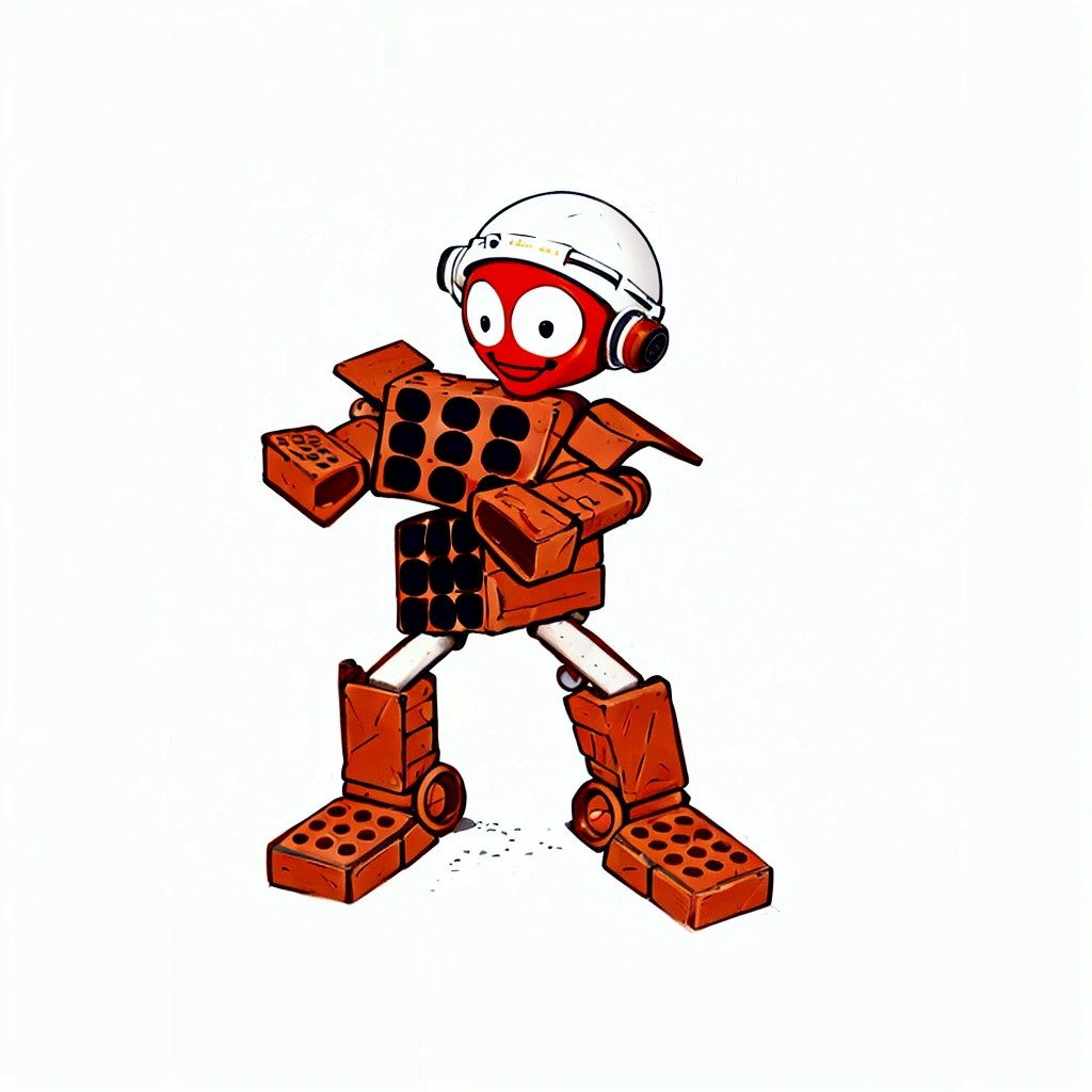 A robot smiles with a spherical head made of bricks, round ears, with a white construction helmet, the arms are made of cobblestone bricks each, shoulders made of colonial tiles, the body is made with two bricks with 9 holes in position. perpendicular, the chest showing the 9 holes and the stomach brick with 9 holes on the side, legs made of 2 PVC pipes, calves made of colonial tiles, feet made of bricks with 12 holes