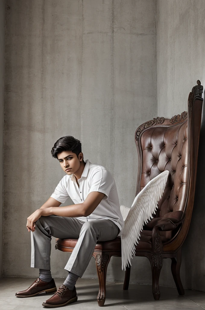 create realistic image A 19 year old boy is sitting on a king chair with white wings and behind him the color of the wall is gray on which "Akash" is written in curve style