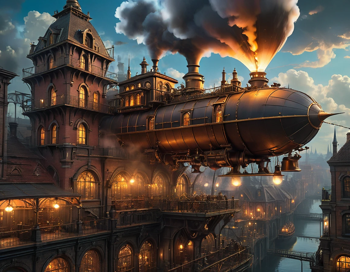 steampunk art pictures, Wide Shot,  intense details, highly detailed, Realistic, Highest quality, High resolution, reflected light, Attention to detail, Highest quality, 16K, [ultra detailed], masterpiece, Highest quality, (extremely detailed), ultra Wide Shot, Realistic, born, Realistic芸術,((Highest quality)), ((masterpiece)), (detailed), A lot of steam rising、、There is no one、No people、gaslight、The town spreads out below and an airship flies in the sky、１Two Clock Towers、night、