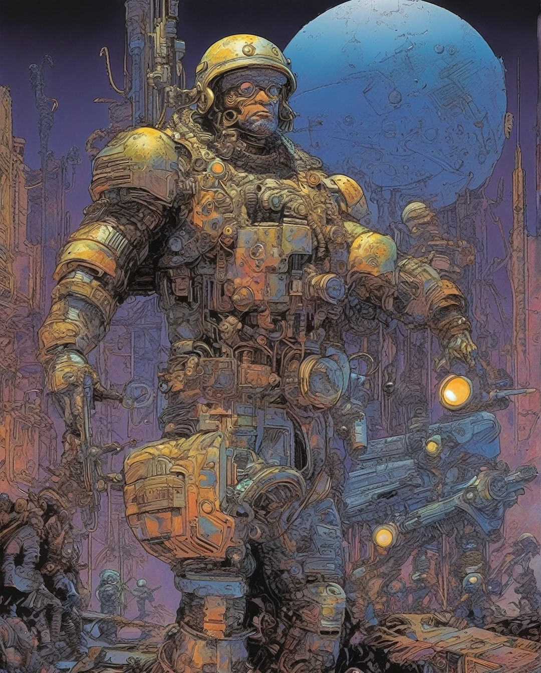 In a dystopian cyberpunk future, a mesmerizing propaganda poster beckons viewers to enlist in the military. Combining the gritty art style of Frank Frazetta with the futuristic flair of Moebius, the image features a cybernetically enhanced soldier, clad in sleek, reflective armor and wielding cutting-edge weapons. The intricate detailing, vivid colors, and dynamic composition elevate this digital painting to a level of unparalleled artistry, capturing the essence of a war-torn, technologically advanced world with stunning precision.., ((by Philippe Druillet)) 