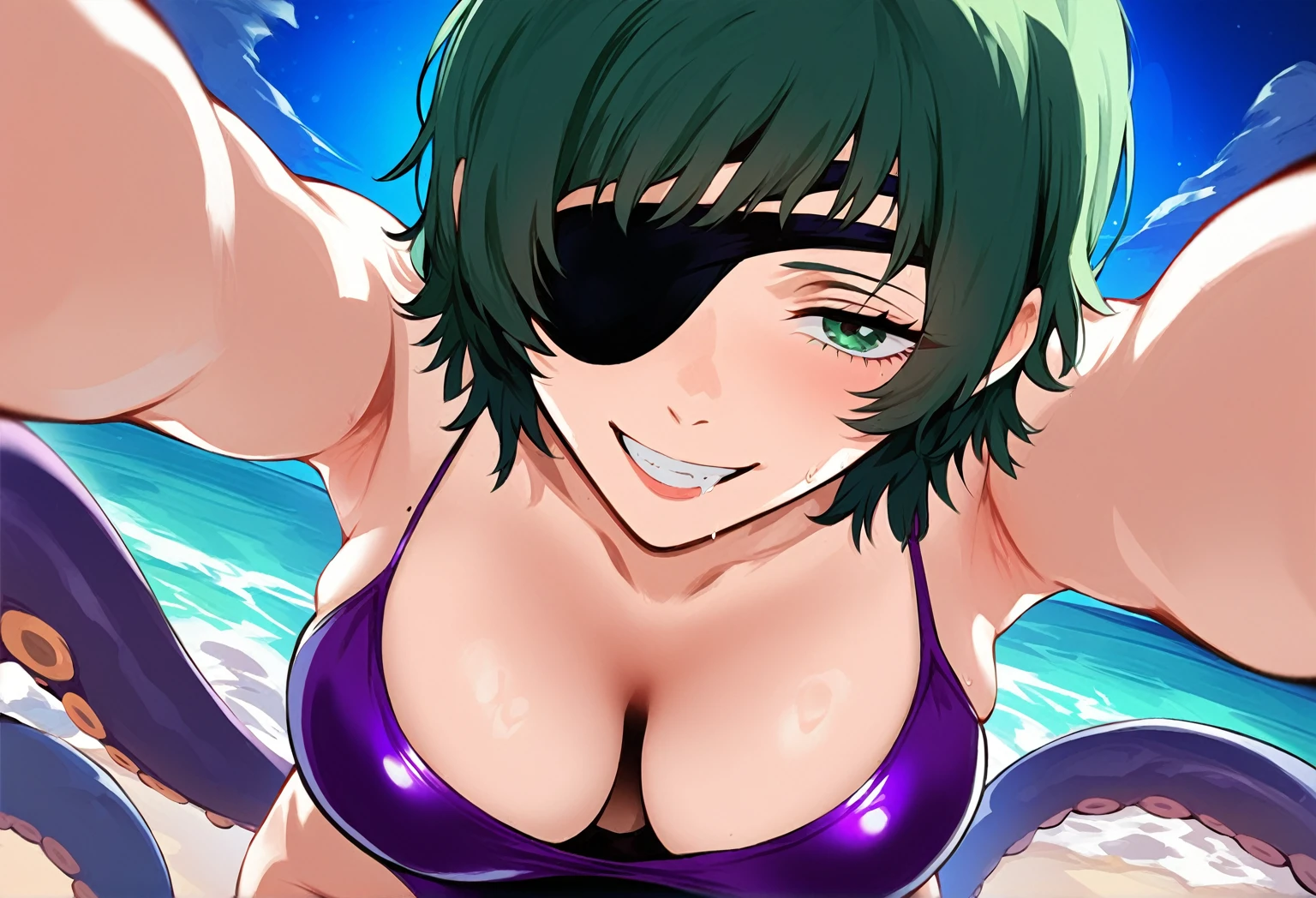 mature female, mature, Adult, himeno, himeno(Chainsaw Man), 1girl, black hair, short hair, eyepatch, Himeno(Chainsaw Man), solo, seductive smile, evil grin, aroused, in heat, nsfw, steam, breath, sweat, drooling, Villains, octopus motif latex purple costume, Tentacles of octopus costume, Tentacles suits, chest, View your audience, Night city, masterpiece, Top animation quality，Top image quality,