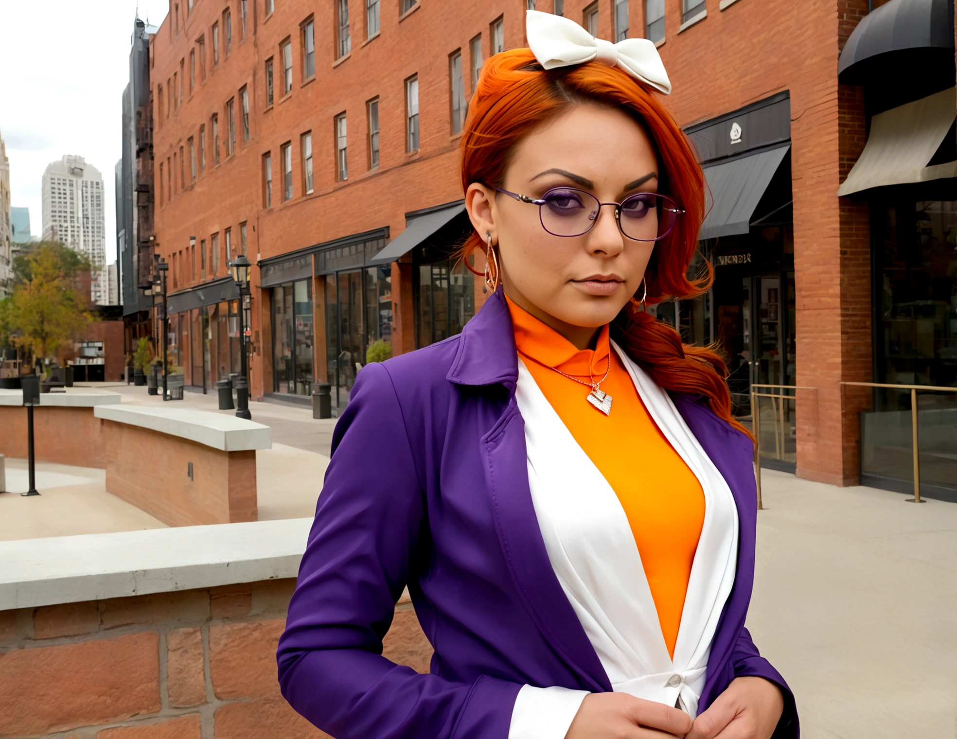 (Steampunk)1girl (Mila Kunis), solo, yorigami jo'on, orange hair, drill hair, eyewear on head, orange eyes, jewelry, bow, white dress, purple jacket, pendant, earrings, hat, standing, hand on hip, looking at viewer, one eye closed, smirk, outdoors, city