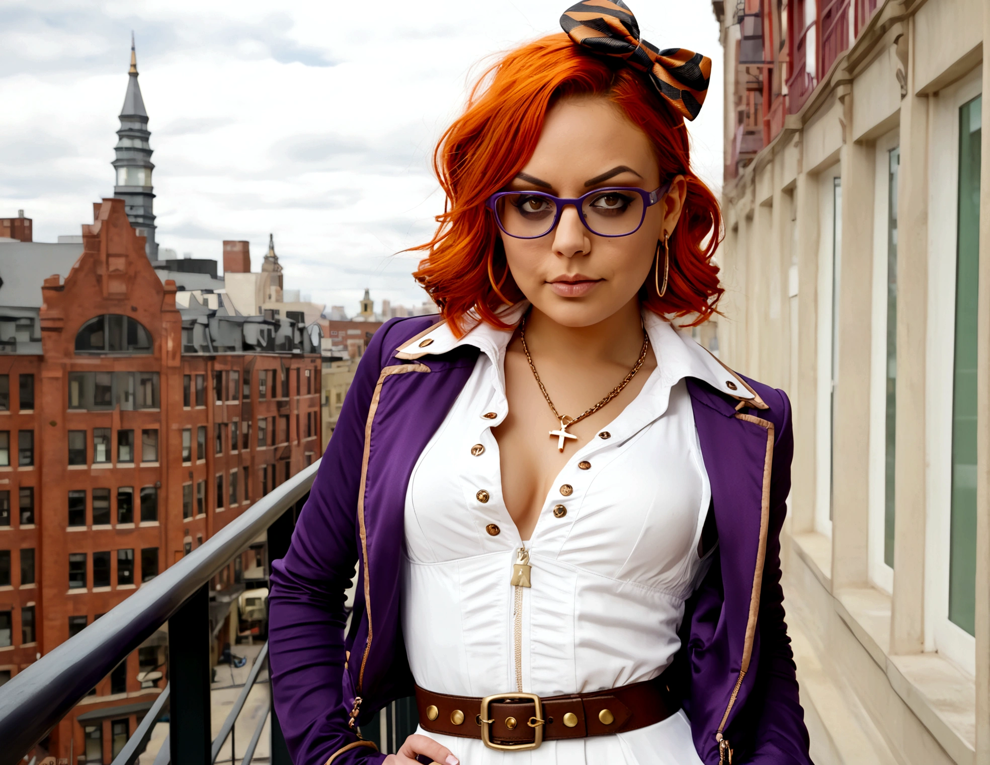 (Steampunk)1girl (Mila Kunis), solo, yorigami jo'on, orange hair, drill hair, eyewear on head, orange eyes, jewelry, bow, white dress, purple jacket, pendant, earrings, hat, standing, hand on hip, looking at viewer, one eye closed, smirk, outdoors, city