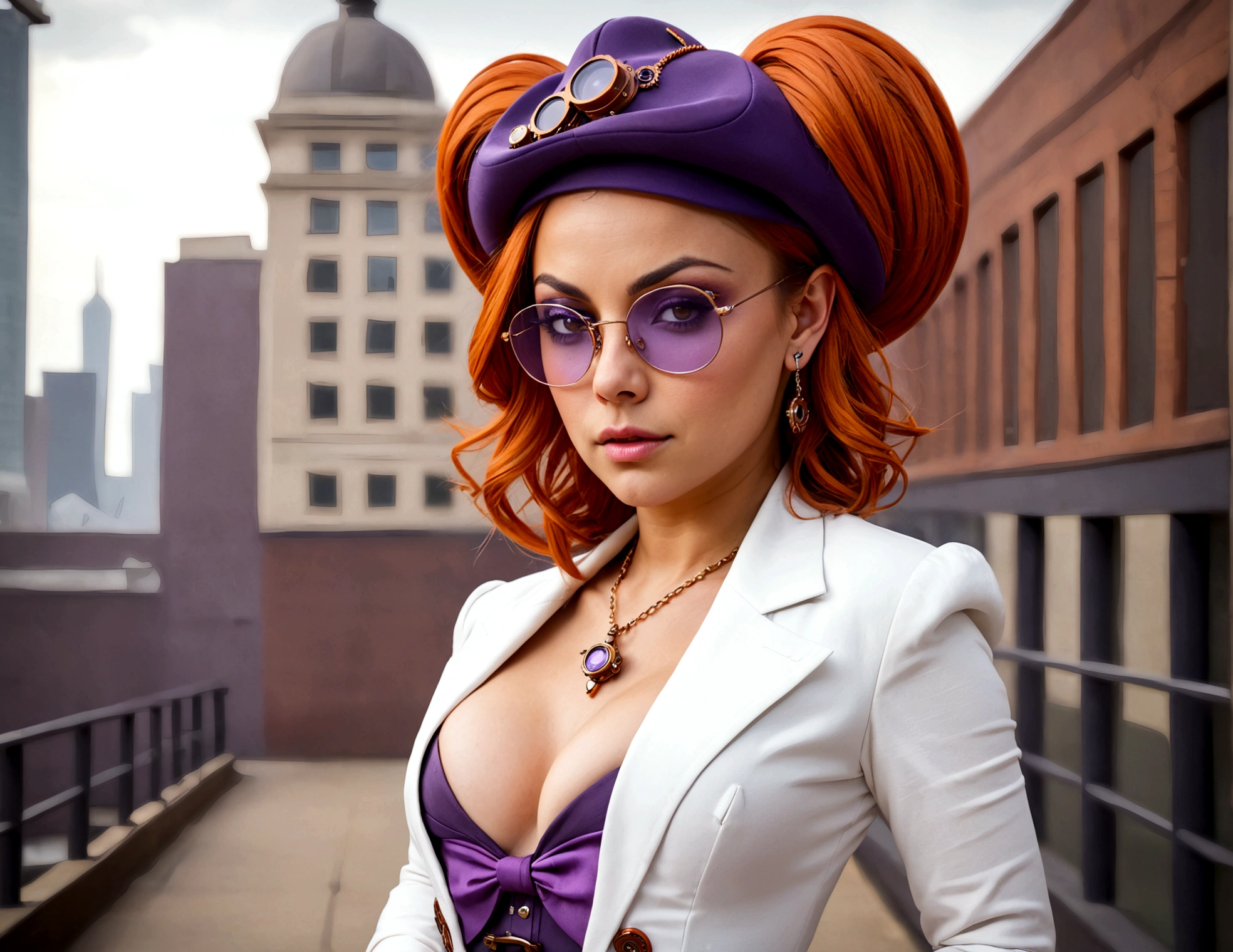 (Steampunk)1girl (Mila Kunis), solo, yorigami jo'on, orange hair, drill hair, eyewear on head, orange eyes, jewelry, bow, white dress, purple jacket, pendant, earrings, hat, standing, hand on hip, looking at viewer, one eye closed, smirk, outdoors, city
