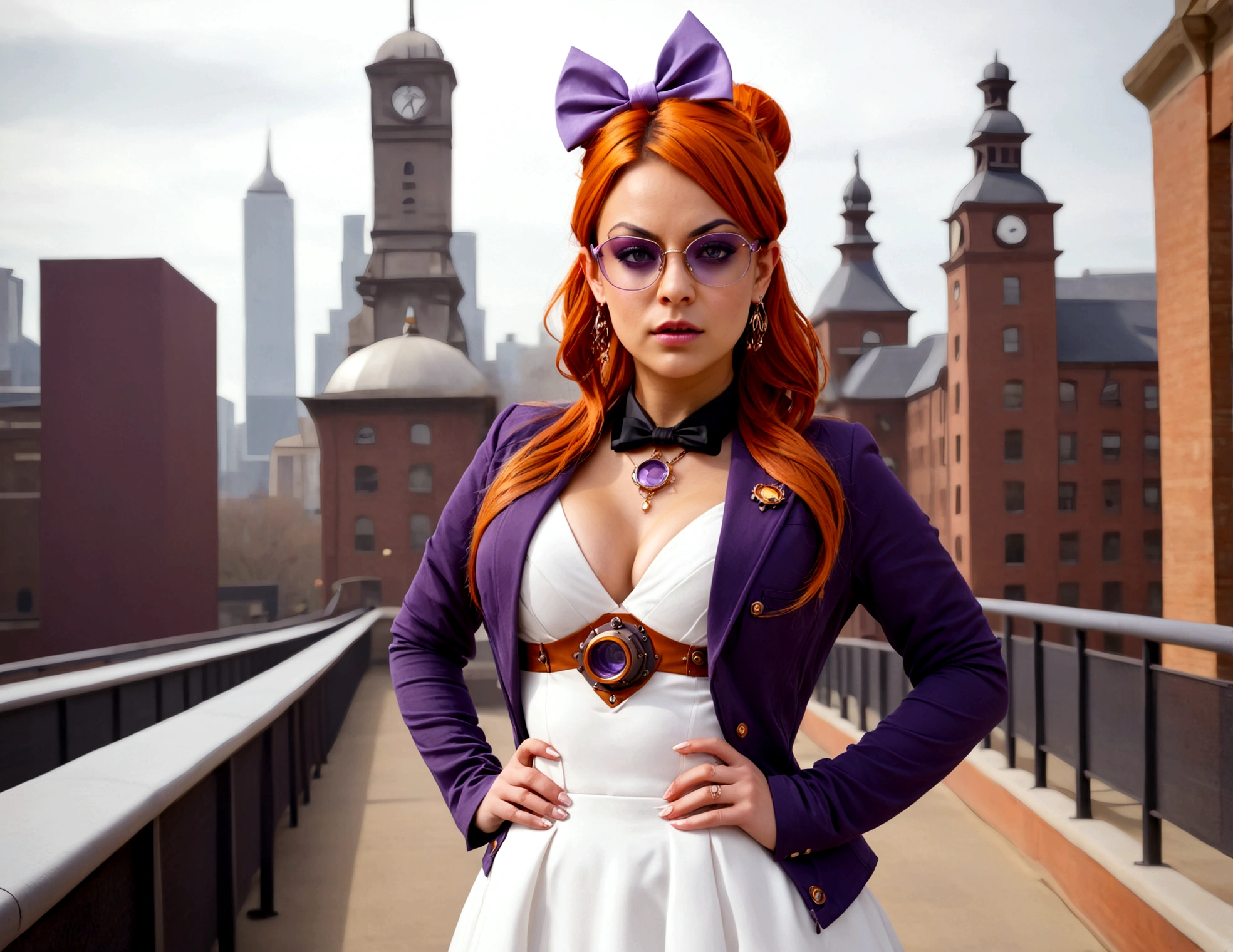 (Steampunk)1girl (Mila Kunis), solo, yorigami jo'on, orange hair, drill hair, eyewear on head, orange eyes, jewelry, bow, white dress, purple jacket, pendant, earrings, hat, standing, hand on hip, looking at viewer, one eye closed, smirk, outdoors, city
