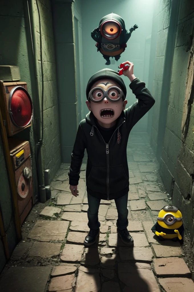 Scary despicable me minions in an old cgi, the ps1 graphics core, low res, degradation of reality, liquid psychosis, inside game, horror game from 2004, bad lsd trip, red spots