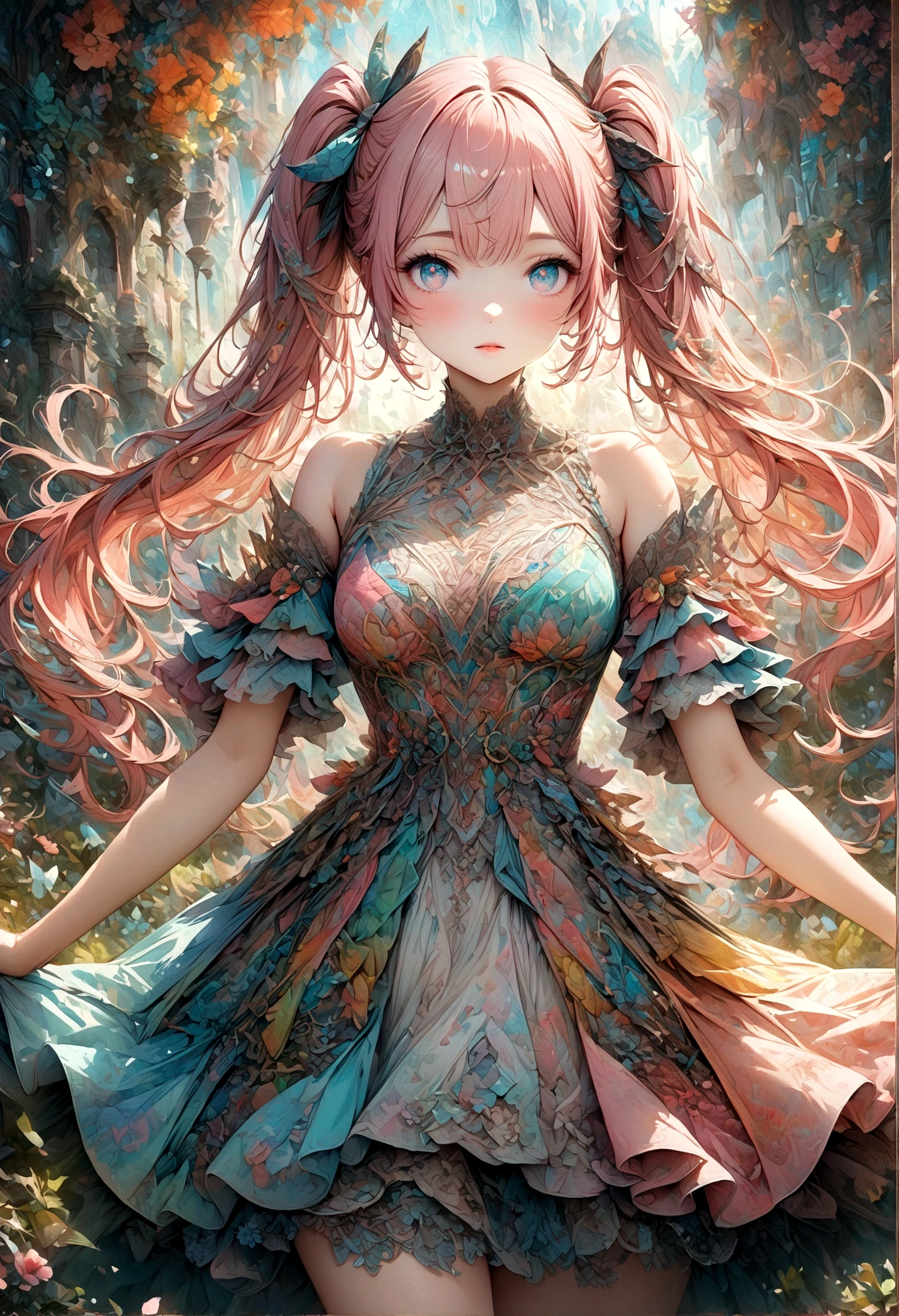 A delicate anime-style illustration of a girl with pink hair and large, expressive eyes. She is wearing a detailed, colorful dress with intricate patterns. The background features abstract, geometric shapes in soft pastel colors, creating a modern and artistic look. Her hands are gracefully positioned in front of her. artwork,Zentangle,Fractal Art,Unbelievably absurd,draw in detail,Decadent,Twin tails