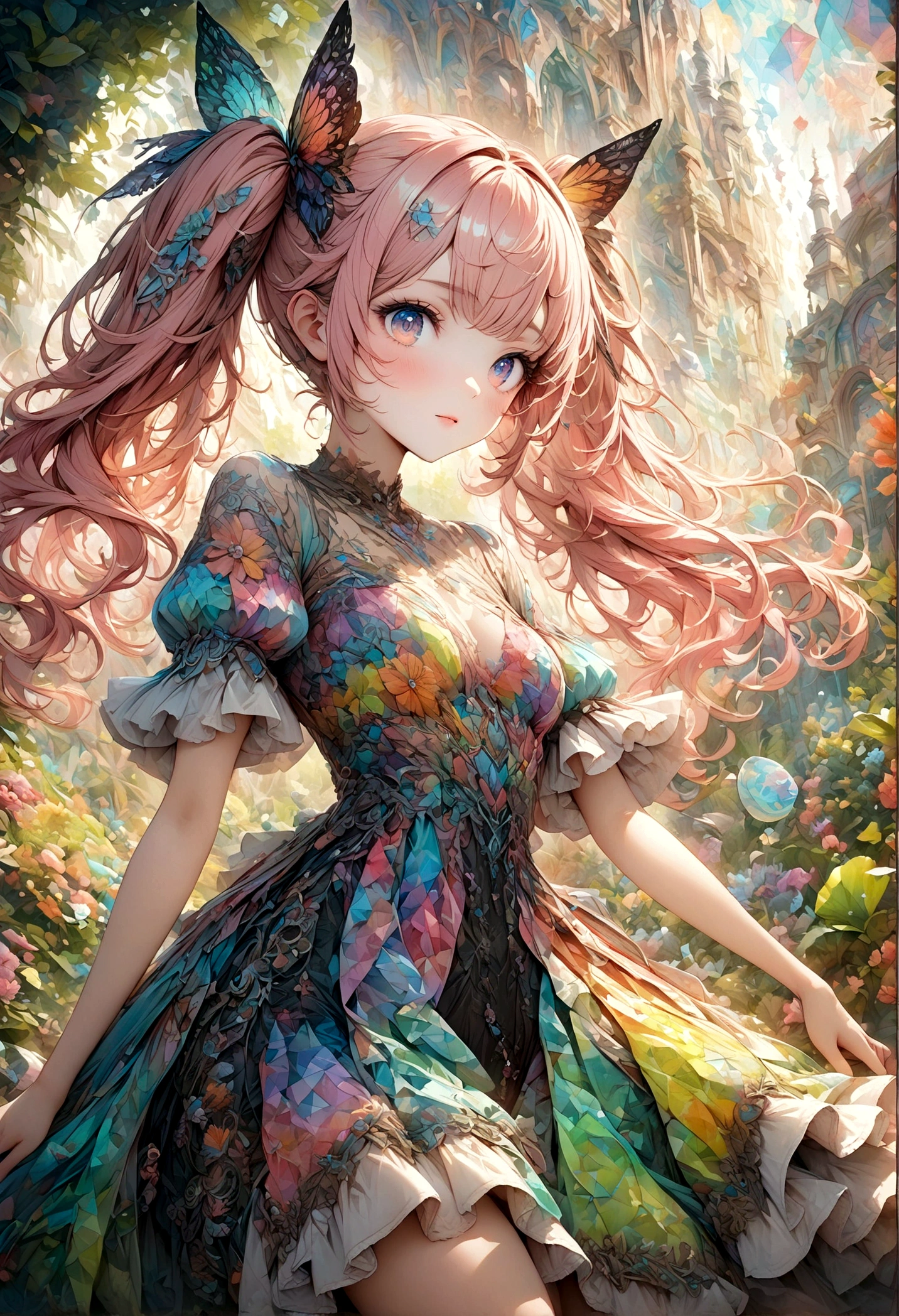 A delicate anime-style illustration of a girl with pink hair and large, expressive eyes. She is wearing a detailed, colorful dress with intricate patterns. The background features abstract, geometric shapes in soft pastel colors, creating a modern and artistic look. Her hands are gracefully positioned in front of her. artwork,Zentangle,Fractal Art,Unbelievably absurd,draw in detail,Decadent,Twin tails