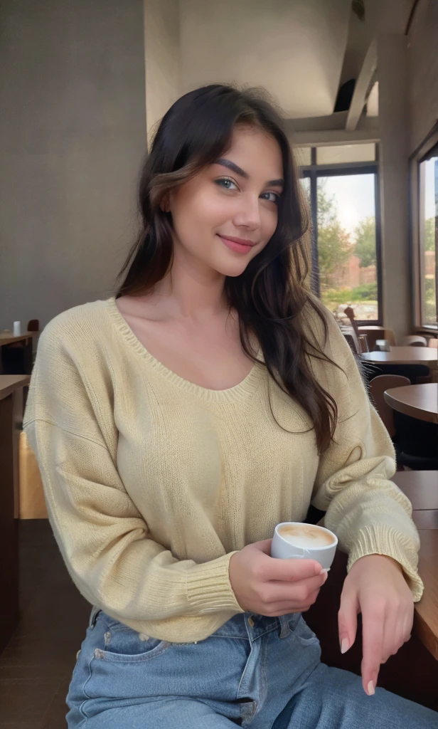 Cute beautiful blonde with yellow sweater (Drinking coffee in a modern café at sunset), muito detalhado, ars old, innocent face, naturally wavy hair, blue eyes, high-res, ​masterpiece, best qulaity, Intricate detailing, muito detalhado, sharp focus, detailed skin, realistie Hauttextur, Textur, detailled eyes, professional, 4K, charming smile, taken with Canon, 85 mm, light depth of field, Kodak Vision Color, perfectly fitting body, extremely detail, photoshot_\(ultra\), fotorealisti, realisti, Post processing, maximum details, roughness, real life, ultrarealisti, photoshotrealismus, photoshotgrafie, 8K  UHD, photoshotgrafie