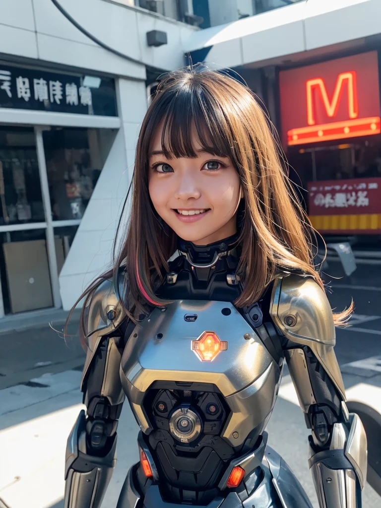 -yeld giwhole body、(Mechanical Suit、cyber punk、Robot Girl)、cyborg、Shining Machine、Beams come out of the eyes、(Illumination、Metallic luster、Illuminationするパーツ:1.5)、Dynamic Pose、Small breasts、Beautiful feet、(smile、Perfect white teeth)、bangs、Long Hair、(Shiny Hair、Multicolored Hair、Smooth Hair)、RAW Photos, (Highest quality、masterpiece、Realistic photo:1.2)、Dramatic lighting、Bright lighting、Vivid Color、Super detailed、Brown eyes、Destroyed cityscape、Exploding car、