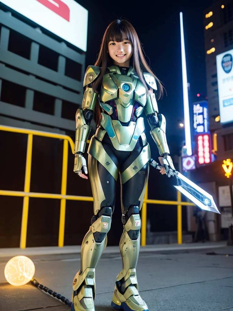 17-year-old girl、whole body、(Mechanical Suit、cyber punk、Robot Girl)、cyborg、Shining Machine、Beams come out of the eyes、(Illumination、Metallic luster、Illuminationするパーツ:1.5)、Dynamic Pose、Small breasts、Beautiful feet、(smile、Perfect white teeth)、bangs、Long Hair、(Shiny Hair、Multicolored Hair、Smooth Hair)、RAW Photos, (Highest quality、masterpiece、Realistic photo:1.2)、Dramatic lighting、Bright lighting、Vivid Color、Super detailed、Brown eyes、Destroyed cityscape、Exploding car、