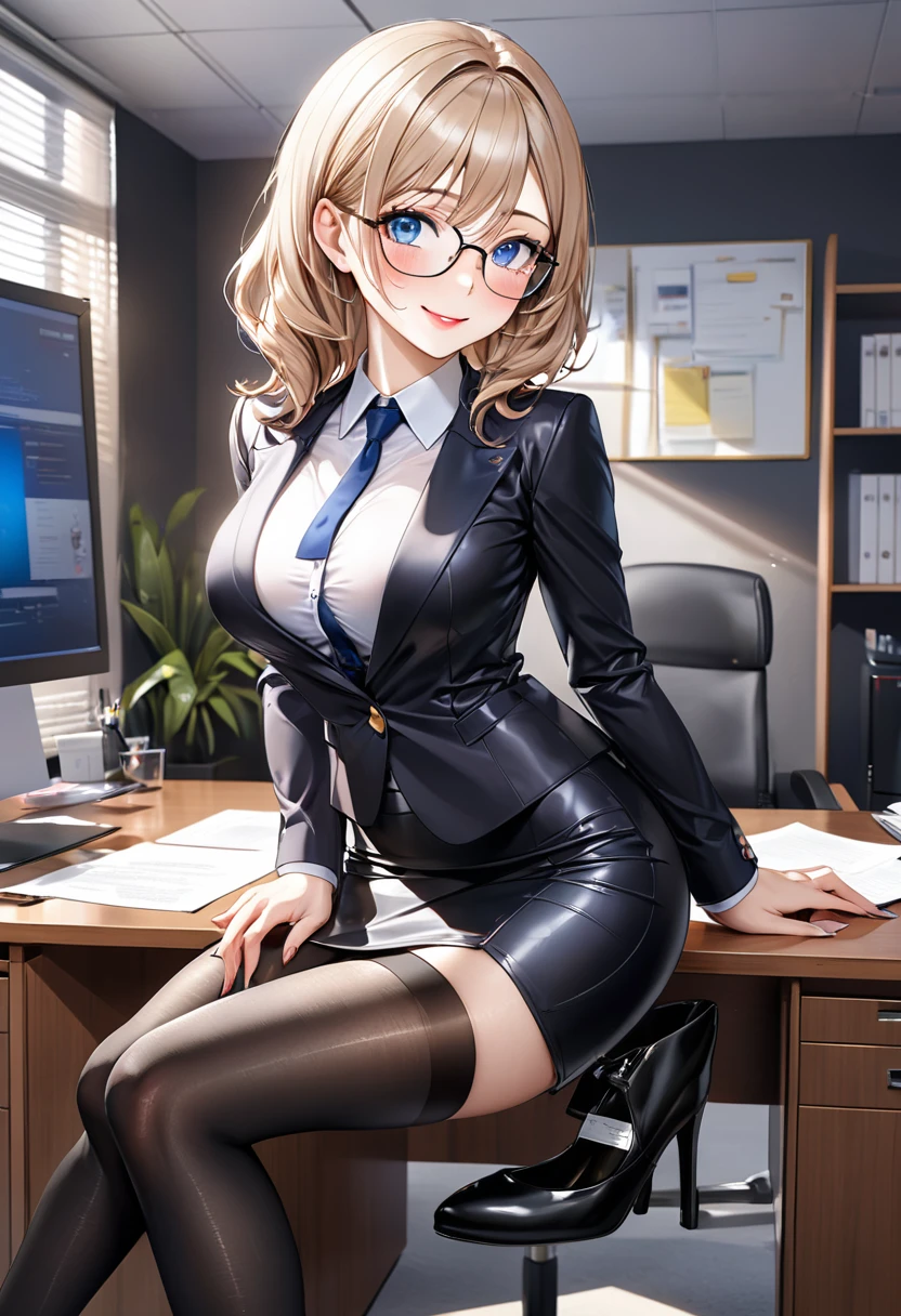 1 mature woman,(Detailed Description,Incredibly absurd,High resolution,8k wallpaper,masterpiece,Highest quality,Depth of region,Anatomically accurate depiction,Perfect body,Two lovely hands, Five perfect fingers),(Glowing Skin,Shiny skin,Oilskin),(Office Lady,An excellent female secretary),(suit,Tight Skirt,White Shirt,High heels,Black Stockings,Luxurious accessories,Glasses),eyelash,(Blue eyes,There is cleavage in the chest,Bewitching Smile,Glossy lipstick,blush),(whole body),(background:In the office,)
