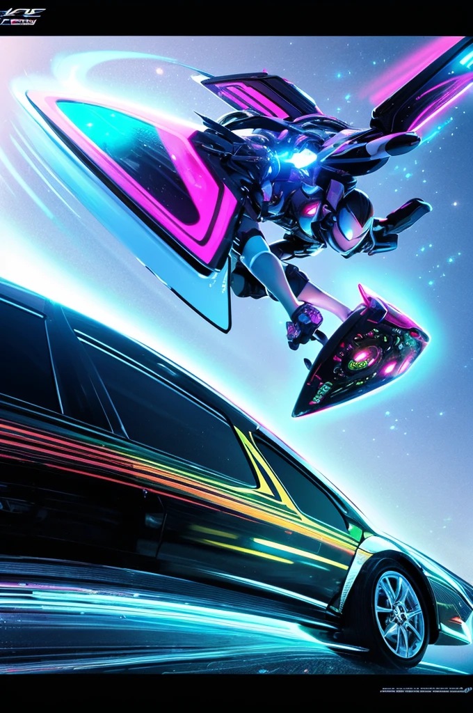 Draw a car as if it came to us from the distant future, the body shimmers and shimmers like liquid glass, and all sorts of sensors and screens cover it from the outside, creating the feeling that it is alive.her wheels have anti-gravity platforms, thanks to which she can soar above the ground.