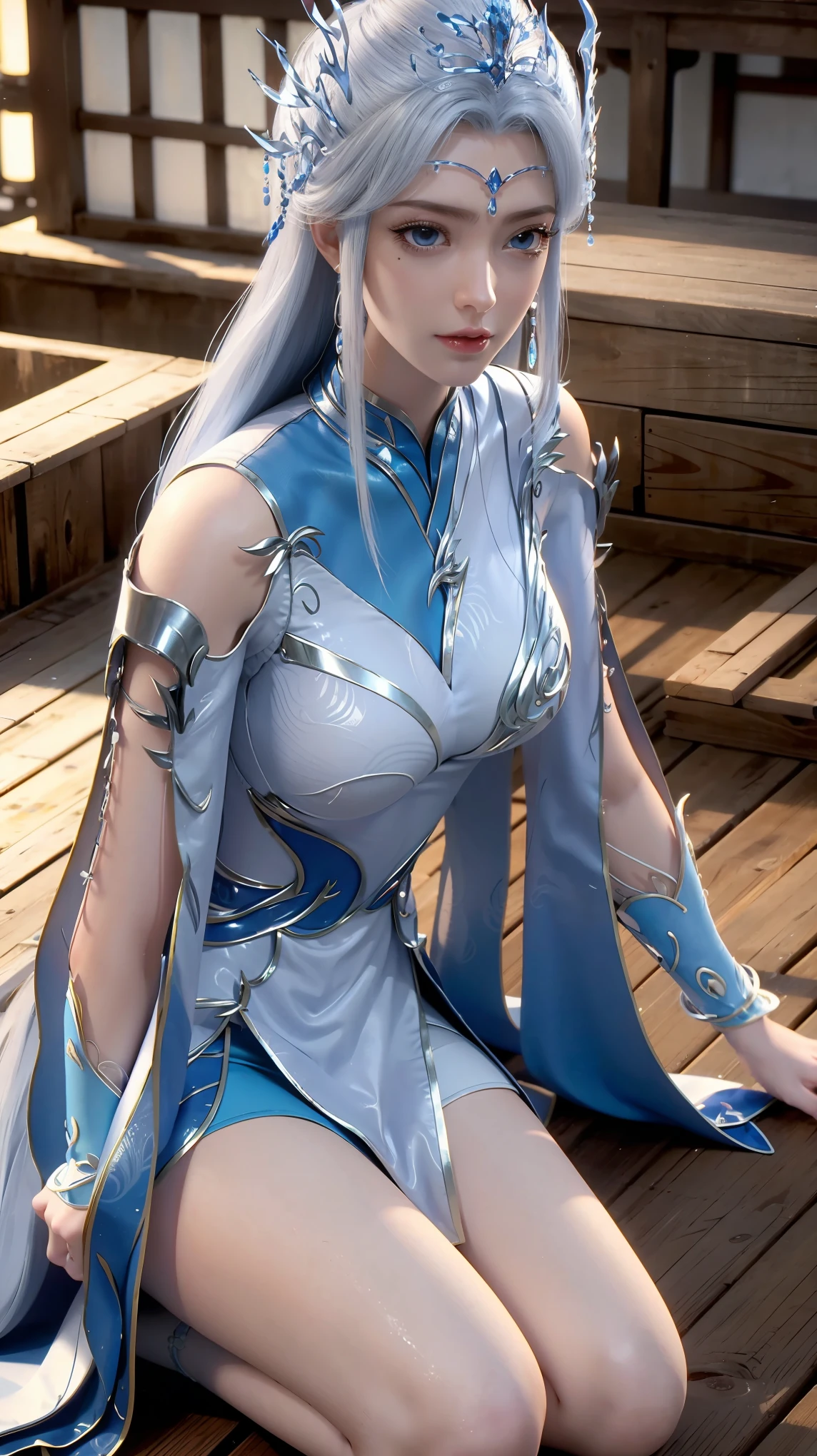 Close-up of a woman in a white dress lying on a wooden floor, Japanese Goddess, Beautiful Chinese model, beautiful goddess, beautiful Asian girl, Sexy Girl, Fair, smooth and translucent skin, Chinese Girl, Asian girl, Attractive anime girl, Sexy pose, Beautiful fantasy queen, Beautiful and detailed body and face, Smooth white tights set, Light milky white porcelain skin，Wet all over，Water Magic，Wet