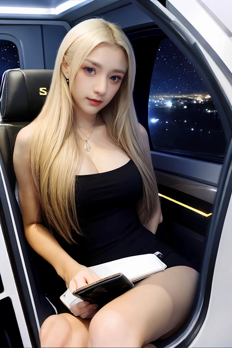 A blond young sexy woman with hair and hot clothes sits on a seat in a spaceship and the window can show beautiful staras