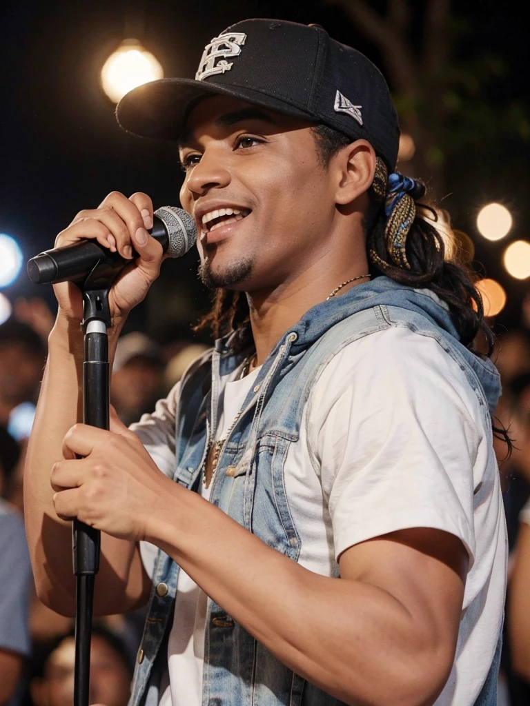 man of 40 years old, with cap, pop music singer, singing at an outdoor party with great joy.