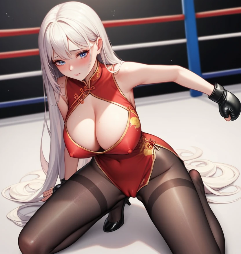 korean beautifull girl,18 years old,Pretty Face,Good shape,detailed picture, Shy expression, blush,White long hair, Wearing cheongsam,Wear black pantyhose, Wearing black boxing gloves, Kneeling in a sexy pose on the boxing ring,Large Breasts,Cleavage,Long legs,Thin waist,nipple,Camel toe